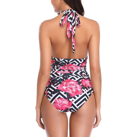 🍒 2/$20 New Women's One Piece Tummy Control Halter Top Bathing Suit Pink Floral - Picture 2 of 6